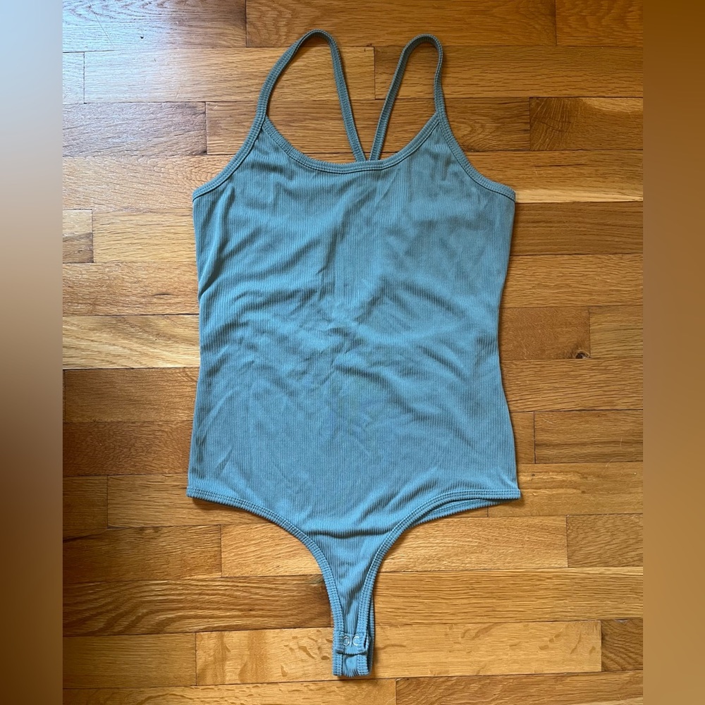 Blue/Green Women’s L Ribbed Bodysuit Tank Top with Criss Cross Back